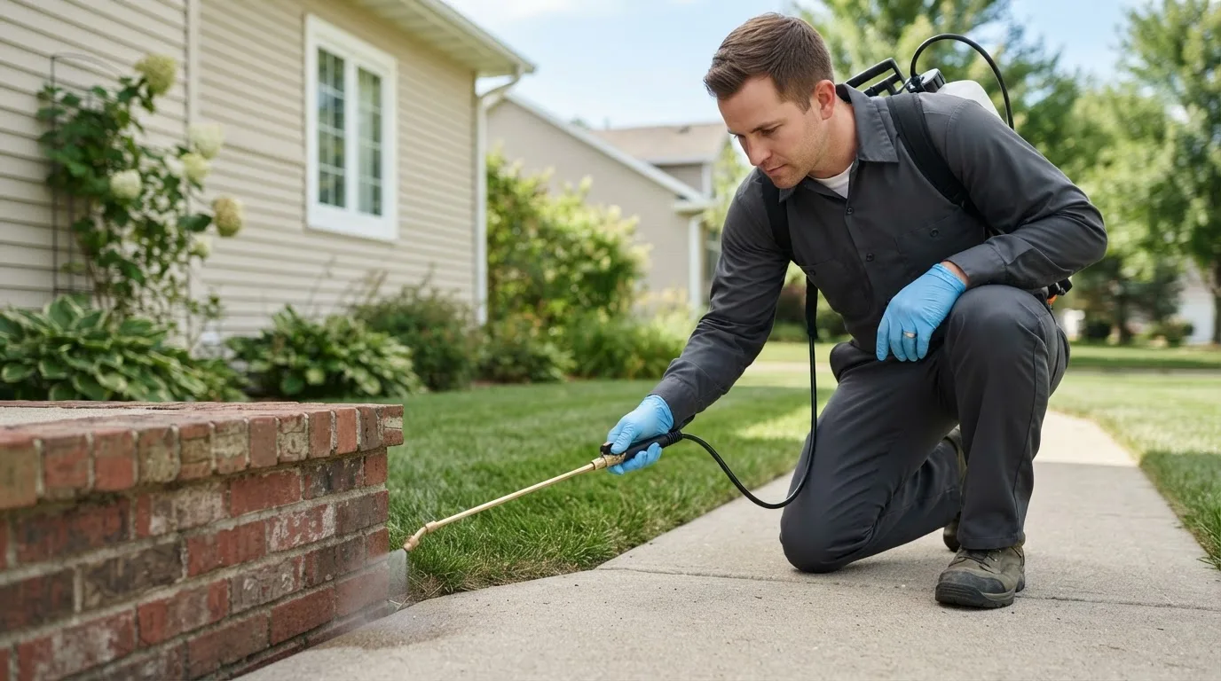 Pest control technician treating a home near Altura, MN